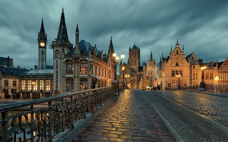 Ghent, Belgium, Ghent, bridge, Belgium, houses, dusk, evening, lights, HD wallpaper