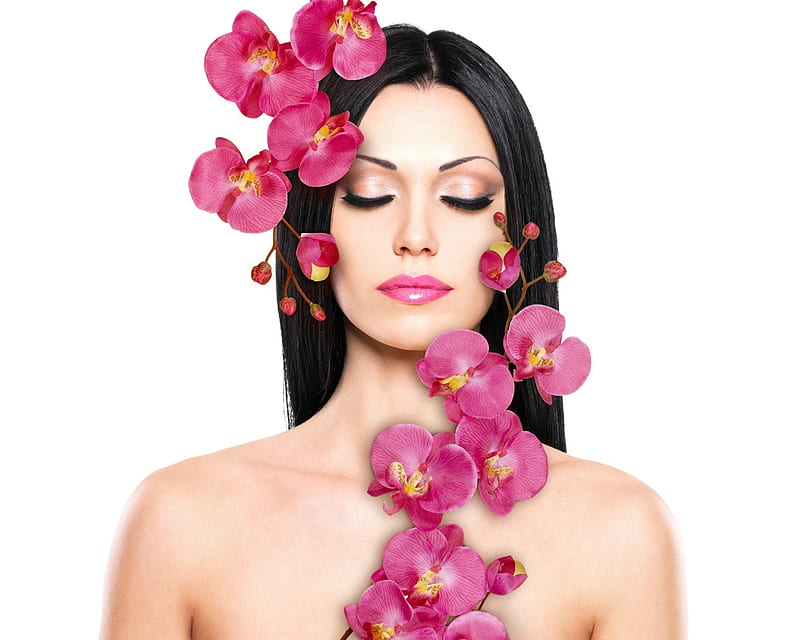 Beauty, model, woman, brunette, girl, orchid, flower, white, pink, HD wallpaper