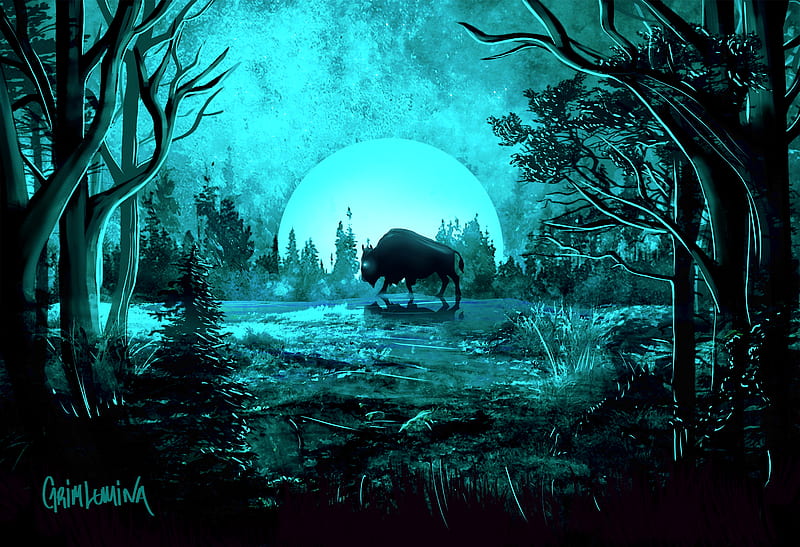 bison, moon, night, light, art, HD wallpaper