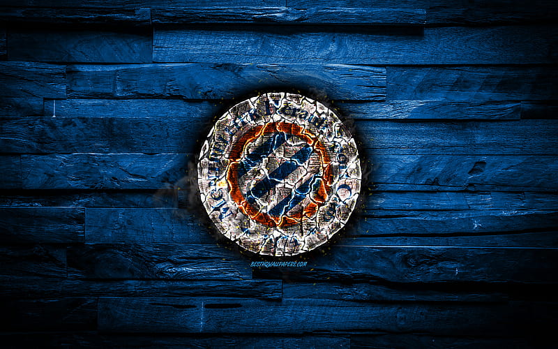 Montpellier FC, fiery logo, Ligue 1, blue wooden background, french football club, grunge, Montpellier HSC, football, soccer, Montpellier logo, fire texture, France, HD wallpaper