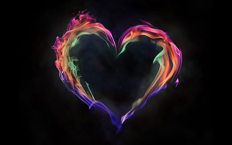 heart of flame, colorful flame, love concepts, fiery heart, black background, HD wallpaper