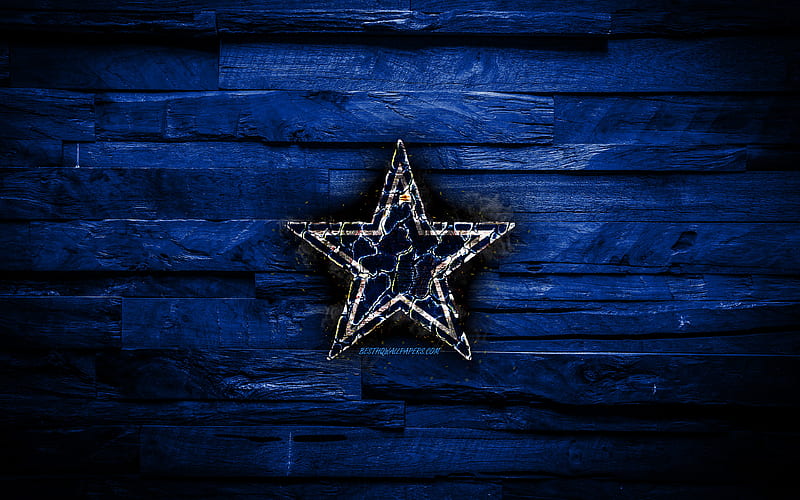 Dallas Cowboys scorched logo, NFL, blue wooden background, american baseball team, National Football Conference, grunge, baseball, Dallas Cowboys logo, fire texture, USA, NFC, HD wallpaper