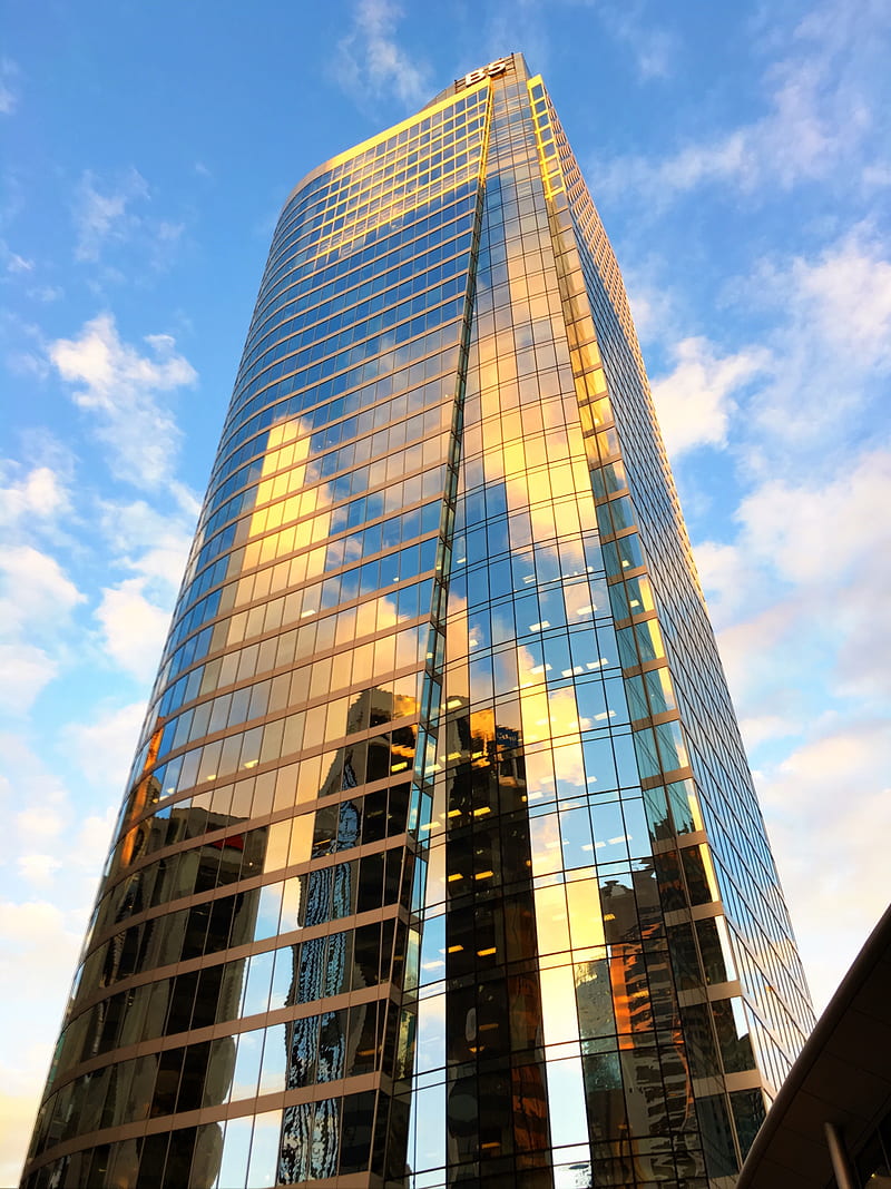 building, skyscraper, glass, sky, clouds, bottom view, HD phone wallpaper