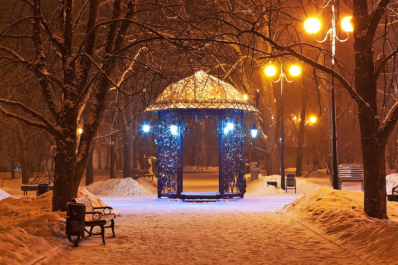 Winter City Park At Night, lanterns, bench, post, park, trees, Christmas lights, snow, evening, gazebo, light, night, HD wallpaper