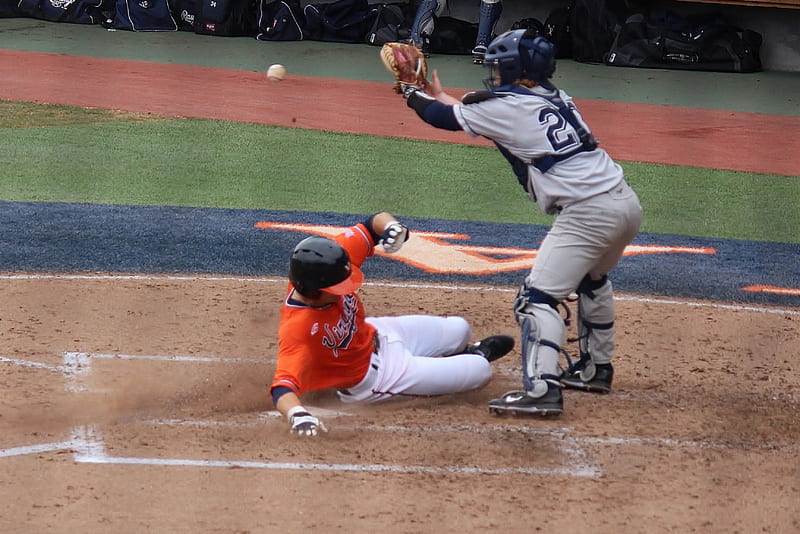 Sliding safe at home plate, UVA, Virginia, Caveliers, NCAA, baseball, ACC, Home Plate, Brandon Cogswell, HD wallpaper