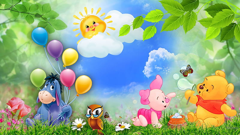 Winnies Summer Fun, owl, movie, children, spring, picnic, Eeyore, balloons, summer, bubbles, flowers, sunshine, Piglet, Firefox Persona theme, Winnie the Pooh, HD wallpaper