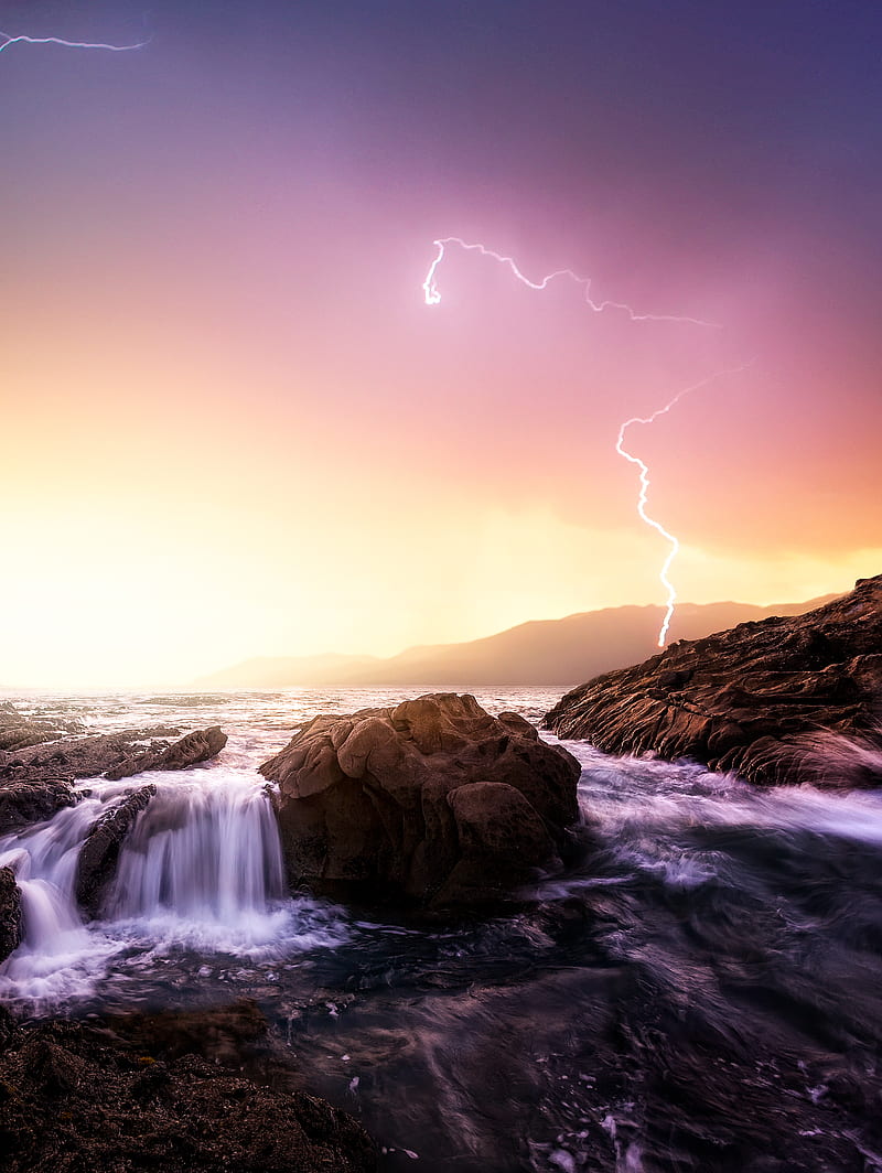 rock formation near sea under thunder light, HD phone wallpaper
