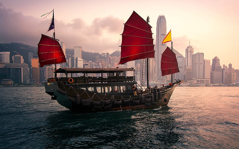 Junk Sailboat in Hong Kong Harbour, water, sails, boat, harbour, HD wallpaper