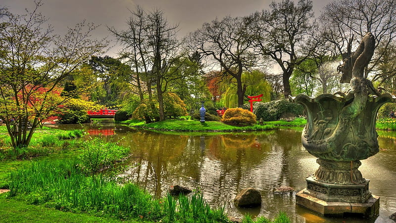 beautiful japanese garden in germany r, pond, statues, bridge, oriental, r, gaeden, HD wallpaper