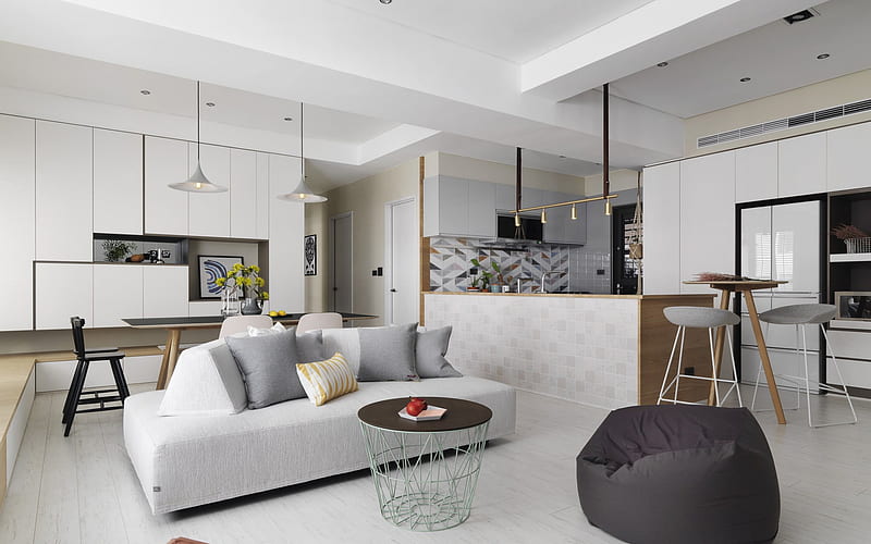 stylish bright apartments, modern interior design, apartments, living room, dining room, kitchen, white interior, HD wallpaper