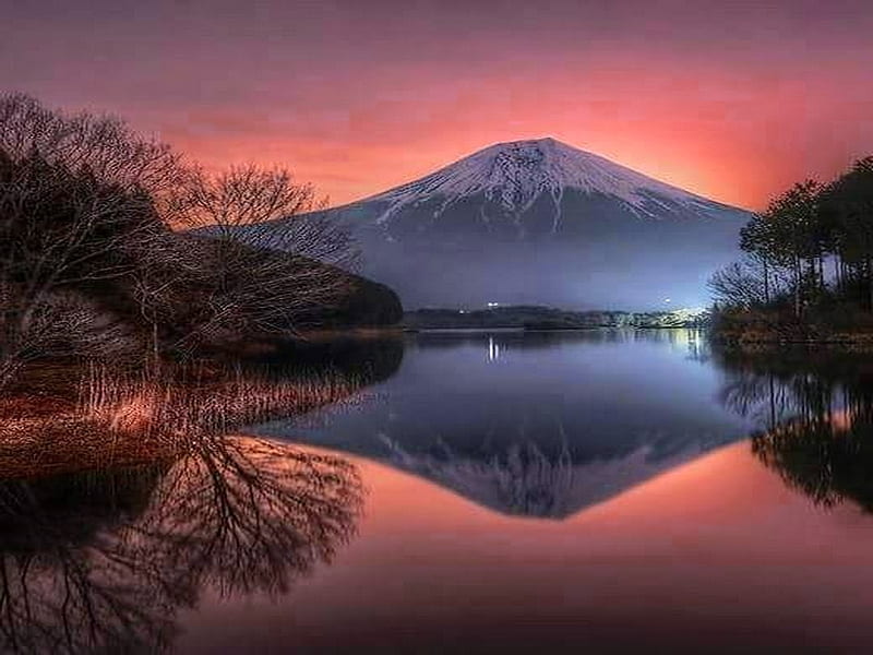 Peaceful Serenity, mountain, trees, sky, pink, lake, HD wallpaper