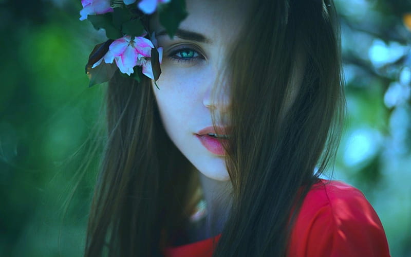 Mysterious Beauty, look, eye, flowers, face, woman, HD wallpaper