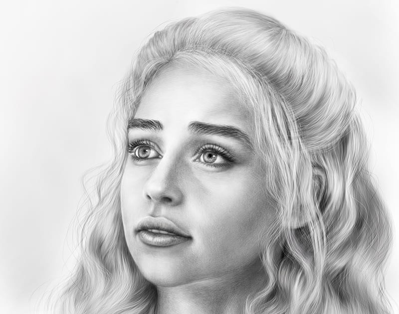 Daenerys, alenaekaterinburg, art, luminos, mother of dragons, draw, fantasy, bw, daenerys targaryen, face, portrait, HD wallpaper