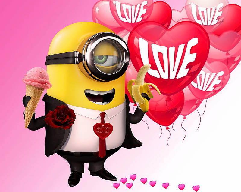 Be My Valentine, balloons, banana, ice-cream, love, minion, HD wallpaper