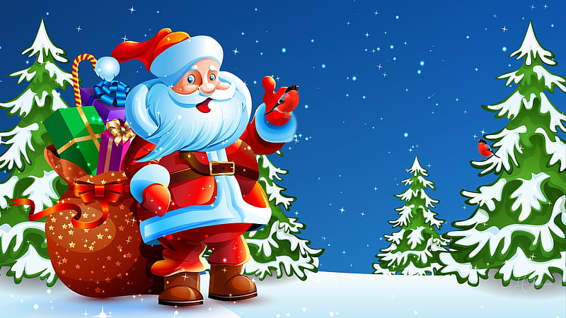 Santas Bird, Christmas, holidays, Saint Nick, birds, Santa Claus, trees, finch, winter, toys, gifts, Firefox Persona theme, HD wallpaper