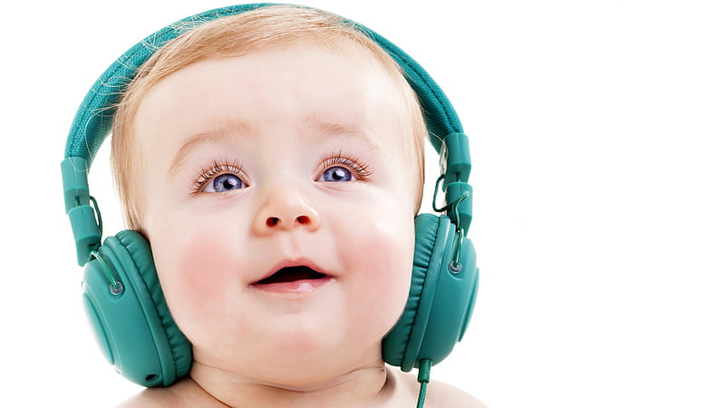 Blue Eyes Baby Is Wearing Green Headphone In White Background Cute, HD wallpaper