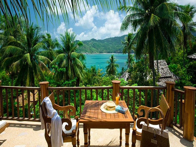 The View, resort, house, clouds, sea, green, chairs, table, juice, view