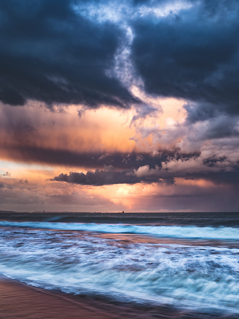 sea, waves, clouds, sunset, dusk, HD phone wallpaper