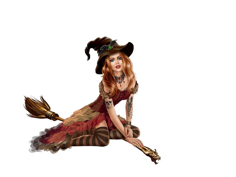 Witch, hat, fantasy, girl, halloween, broom brom, black, HD wallpaper