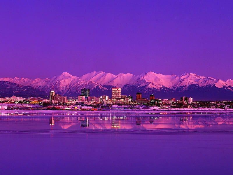 Anchorage Skyline Sunset, cityscape, sunsets, alaska, dusk, evening, twilight, sky, anchorage, HD wallpaper