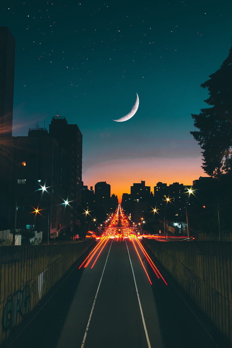 road, night, stars, moon, long exposure, HD phone wallpaper