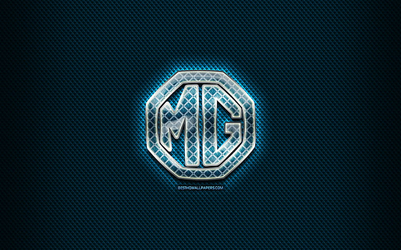 MG glass logo, blue background, automotive brands, artwork, MG, brands, MG rhombic logo, creative, MG logo, HD wallpaper