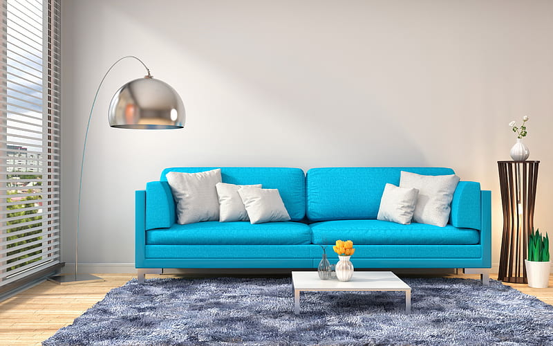 living room, stylish design, blue sofa, minimalism, modern interior design, HD wallpaper