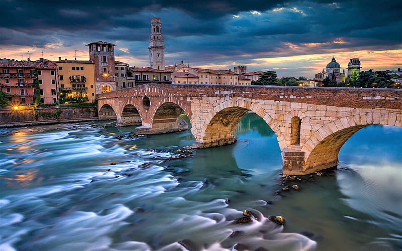 Stone Bridge, Ponte Pietra, Pons Marmoreus, Adige River, Verona, Italy, Europe, HD wallpaper