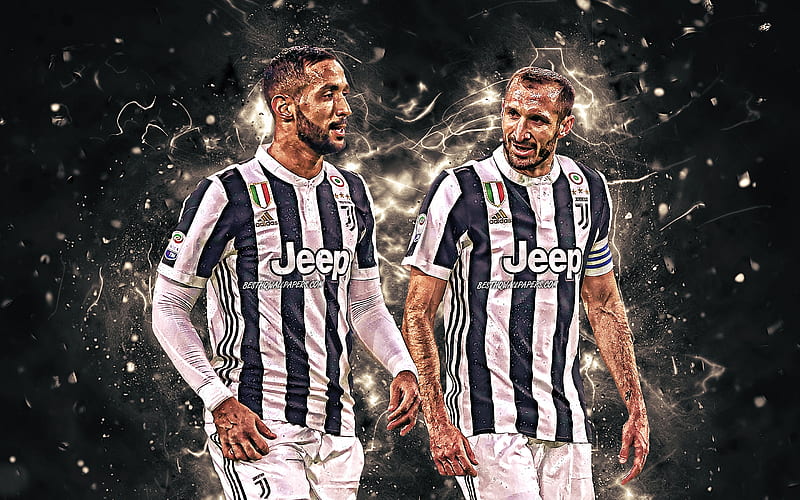 Mei Benatia, Giorgio Chiellini, Juventus FC, team, soccer, Serie A, footballers, Chiellini, Benatia, neon lights, football, Bianconeri, HD wallpaper