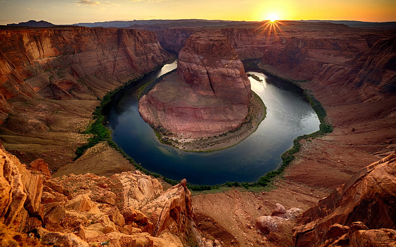 Horseshoe Bend, Colorado River, rocks, canyon, sunset, mountain landscape, Arizona, USA, HD wallpaper