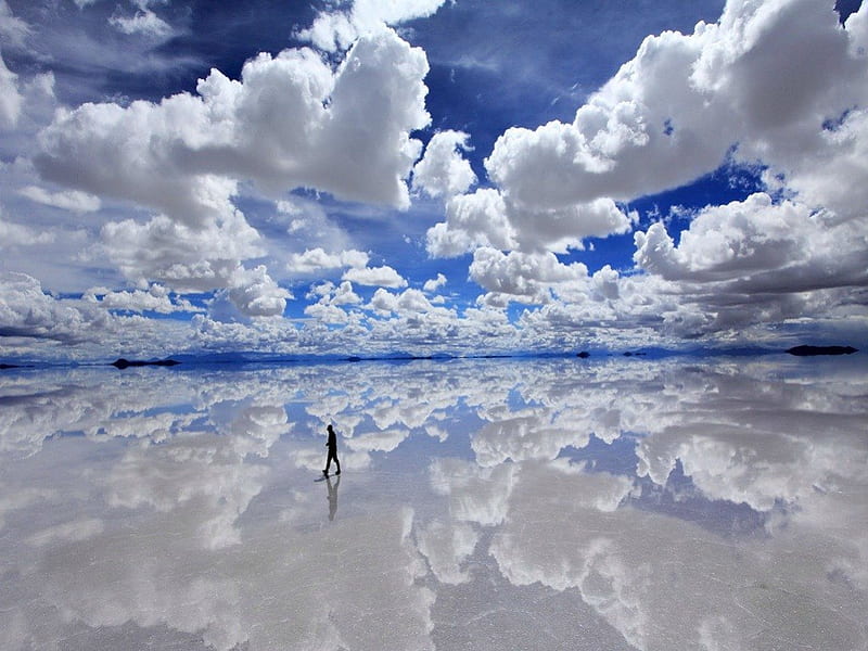 Cloud walker, water, man, reflection, clouds, sky, HD wallpaper