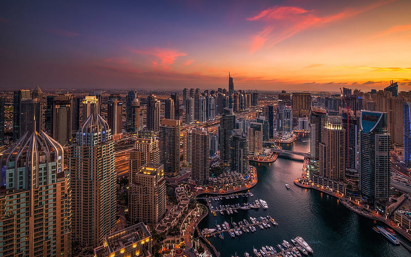 Dubai, evening, sunset, modern architecture, modern buildings, metropolis, UAE, HD wallpaper