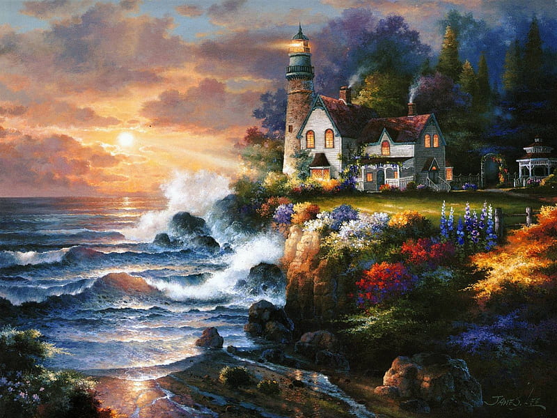 Sunset Beacon Painting, architecture, house, sun, rock, sunset, clouds, beacon, flowers, cliff, light, blue, ocean, waves, sky, lighthouse, daylight, day, nature, rough, HD wallpaper