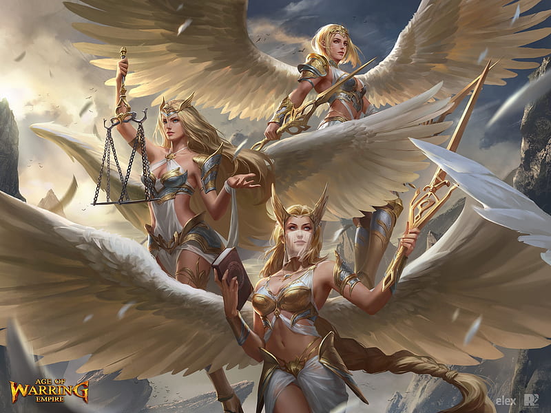 The norns, white, frumusete, wings, red pencil art, luminos, goddess, angel, golden, norn, fantasy, trio, HD wallpaper