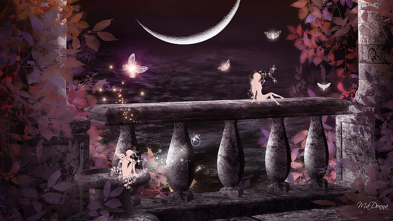 Autumn Waters, mystical, bench, firefox persona, trees, lake, goth, leaves, fantasy, water, fairies, fairy, glowing butterflies, HD wallpaper