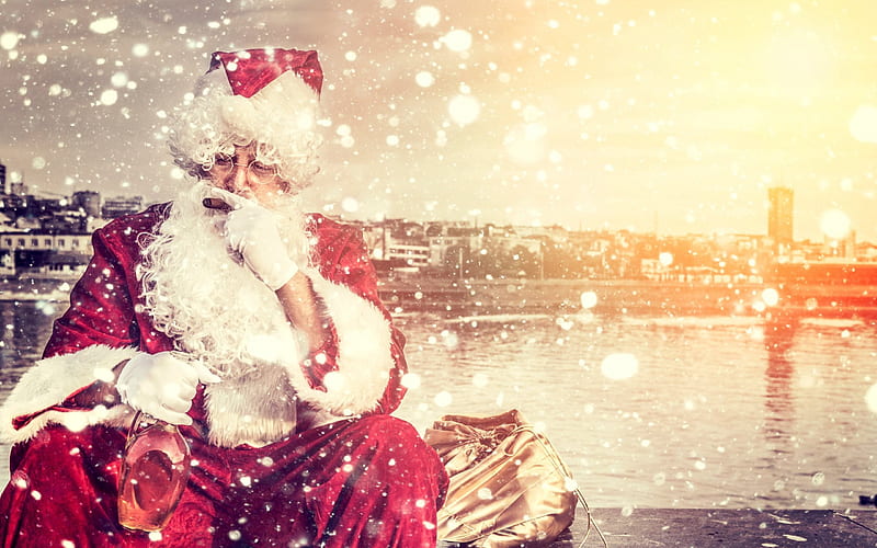 Santa Claus, snowflakes, New Year, Christmas, HD wallpaper