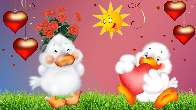 A Ducky Valentines Day, valentines day, grass, love roses, ducks, corazones, sweet, cute, whimsical, sunshine, HD wallpaper