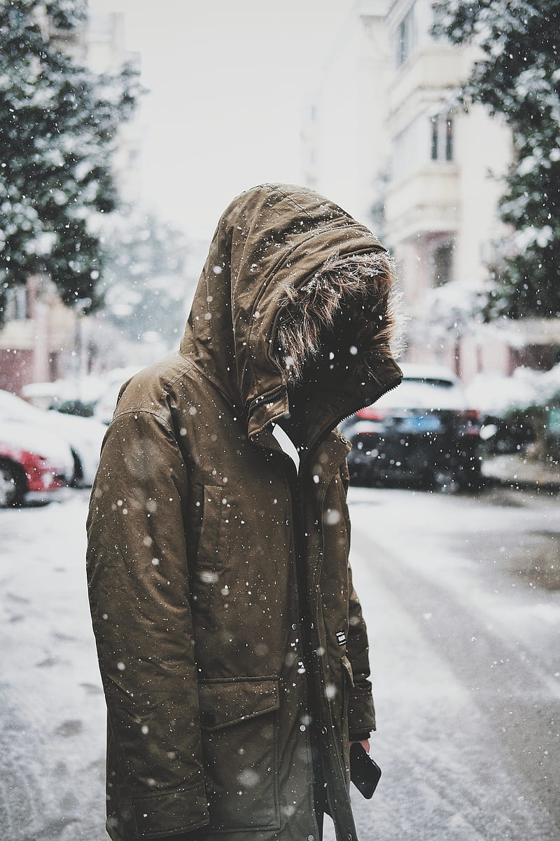 silhouette, jacket, hood, snow, winter, HD phone wallpaper