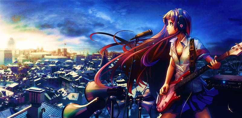 The Girl and the City, city, guitar, girl, anime, music, beats by dre headphones, HD wallpaper