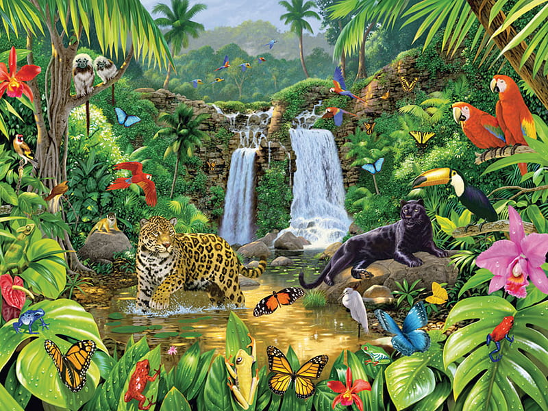 ANIMALS OF THE JUNGLE, fall, water, jungle, birds, flowers, HD wallpaper