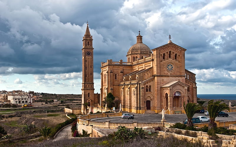 Ta Pinu, Roman Catholic minor basilica, catholic temple, Malta, evening, cityscape, Malta Landmark, HD wallpaper