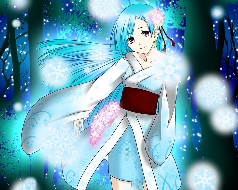 Snow Maiden, pretty, glow, bonito, sweet, nice, anime, yukata, bright, beauty, anime girl, long hair, light, female, lovely, kimono, girl, blue hair, lady, maiden, HD wallpaper