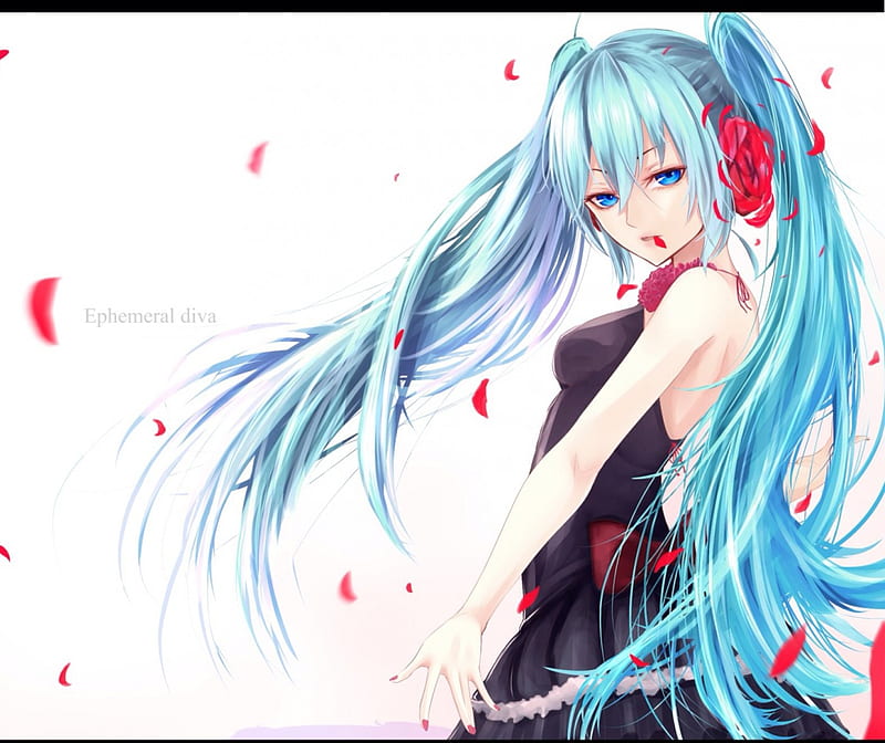 Ephemeral Diva, pretty, cg, sweet, floral, eauty, nice, anime, beauty, anime girl, long hair, lovely, twintail, black, vocalpoid, miku, hatsune, white, red, dress, hatsune miku, bonito, twin tail, blossom, blue, vocaloid, female, blouse, twintails, plain, twin tails, girl, blue hair, flower, simple, petals, miku hatsune, sundress, HD wallpaper