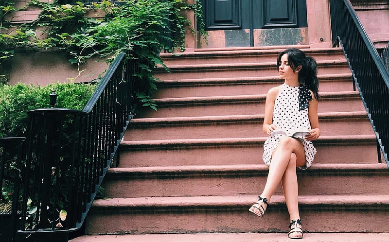 Camila Cabello, iron railings, sandles, brunette, pearl earring, white black polka dot dress, sitting, creepers, steps, HD wallpaper