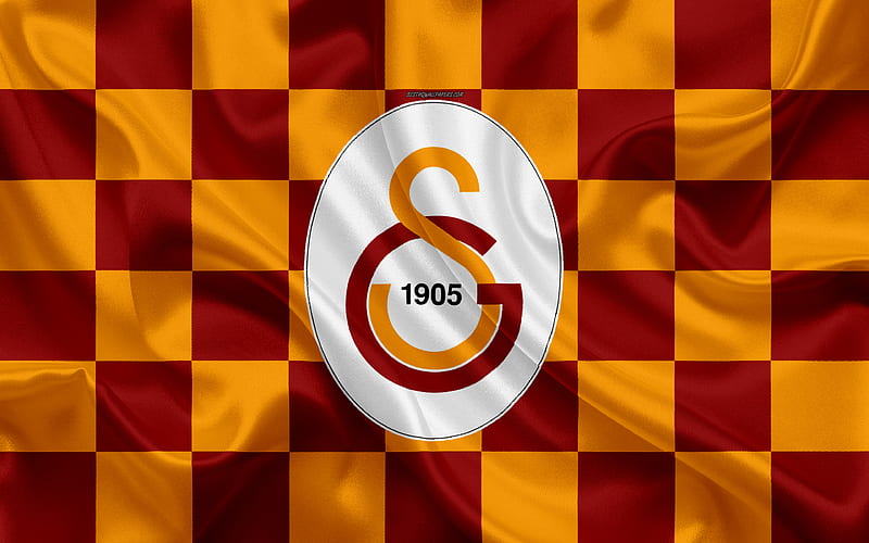 Galatasaray logo, creative art, burgundy yellow checkered flag, Turkish football club, emblem, silk texture, Istanbul, Turkey, HD wallpaper