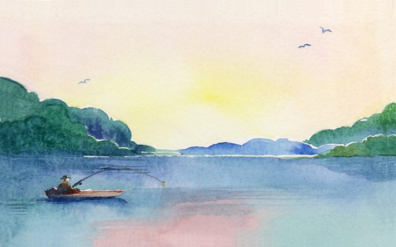 Quiet Spot, art, birds, sunset, lake, artwork, fisherman, water, painting, wide screen, fishing, HD wallpaper