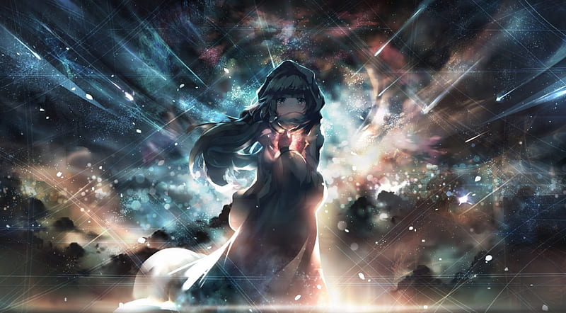 ☆ Glowing Like Stars ☆, glow, shooting stars, anime, anime girl, sky, lights, HD wallpaper