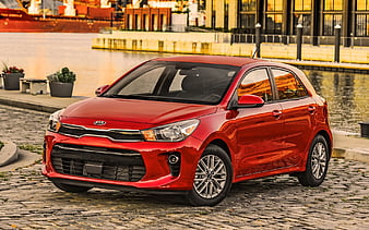 Kia Rio, 2019, new red hatchback, front view, new red Rio, korean cars, Kia, HD wallpaper