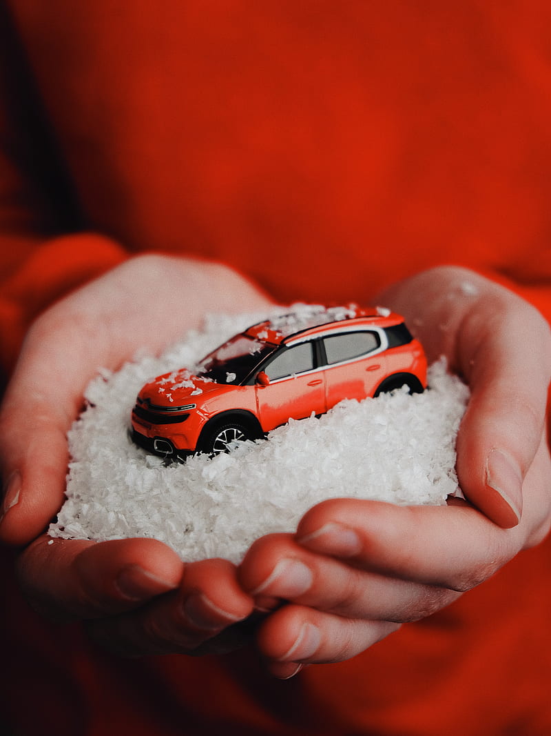 car, red, snow, toy, hands, HD phone wallpaper