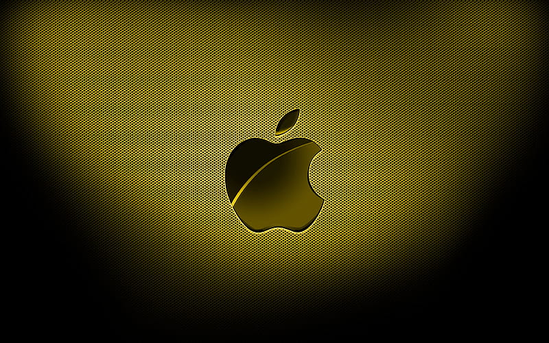 Apple yellow logo, yellow grid backgrounds, brands, Apple logo, grunge art, Apple, HD wallpaper
